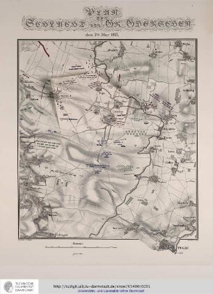 Plan der Schlacht von Gr[oß-]Goerschen den 2ten May 1813. Gez.von C[arl] Brügner.Gest.v.(Carl] Jäck. Gedr.v.Prêtre. Berlin [1821]