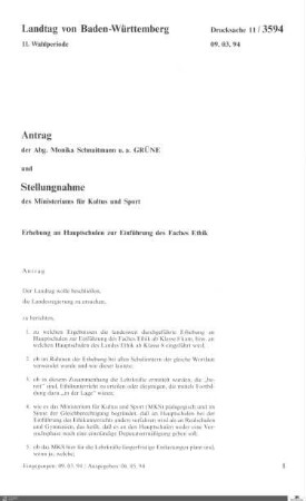 Antrag der Grünen: Einführung des Faches Ethik an Hauptschulen