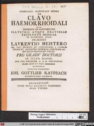 Dissertatio Inavgvralis Medica De Clavo Haemorrhoidali