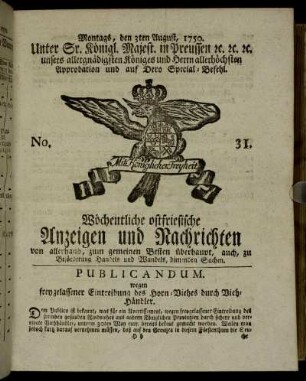 No. 31. Montags, den 3ten August, 1750.