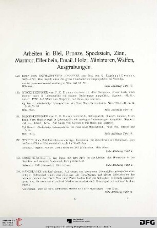 Arbeiten in Blei, Bronze, Speckstein, Zinn, Marmor, Elfenbein, Email, Holz; Miniaturen, Waffen, Ausgrabungen (Nr. 149-188)