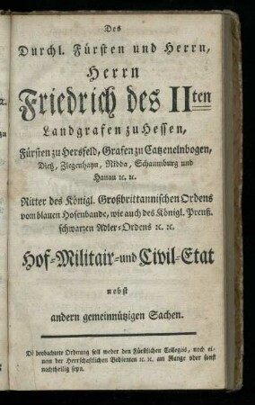 Hof- Militair- und Civil-Etat nebst andern gemeinnuetzigen Sachen