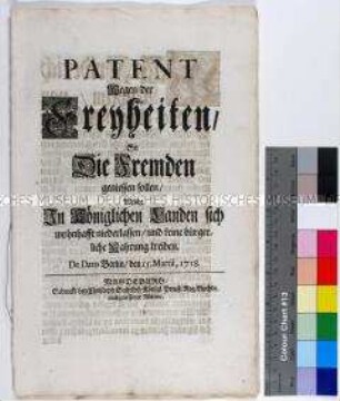 Patent von Friedrich Wilhelm I. König in Preußen betreffend Steuerbefreiung und Freizügigkeit für von Renten lebende Adlige und Bürger als Wohnsitznehmer in königlichen Landen