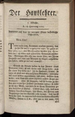 7. Woche, d. 18. Hornung 1775