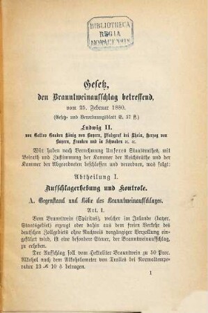 Das Bayerische Gesetz vom 25. Febr. 1880, betreffend den Branntweinaufschlag : mit Einleitung, Vollzugsanordnungen und Sachregister