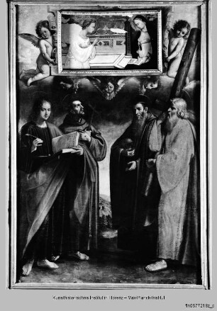 Einsatzbild mit den Heiligen Franziskus, Benedikt, Andreas und der Evangelist Johannes
