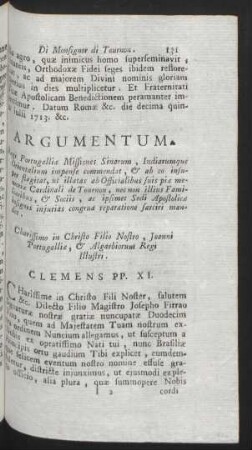 Argumentum. Acerbum moerorem, quem ex obitu Cardinalis de Tournon in Imperio Sinarum ... Venerabili Frati, Francisco Archiepiscopo Manilae. Clemens PP. XI.