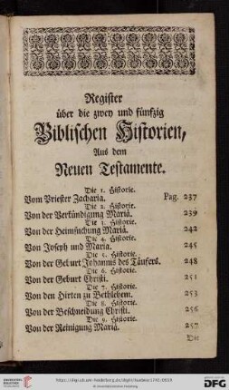 Register über die zwey und fünfzig Biblischen Historien, aus dem Neuen Testament