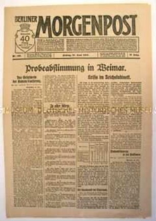 Tageszeitung "Berliner Morgenpost" zur Probeabstimmung über den Versailler Vertrag in der Nationalversammlung