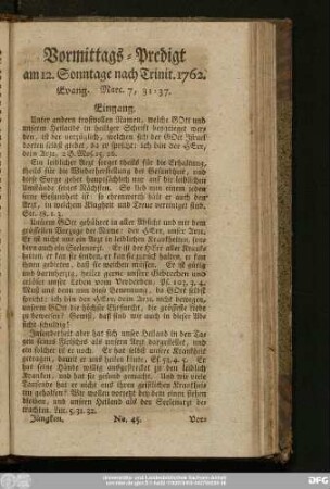 [No. 45.] Vormittags-Predigt am 12. Sonntage nach Trinit. 1762. Evang. Marc. 7, 31 - 37.