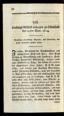 LIX. Landtags-Abschied vollzogen zu Oldenstadt den 24sten Sept. 1614.