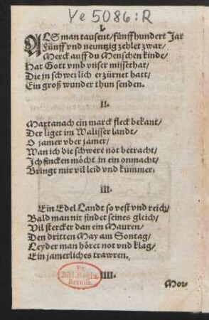 ALS man tausent/ fünffhundert Jar || Fünff vnd neuntzig zehlet zwar/ ||