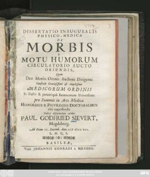 Dissertatio Inauguralis Physico-Medica De Morbis à Motu Humorum Circulatorio Aucto Oriundis : Ad Diem 21. Decemb. Ann. MDCCXIV. ...