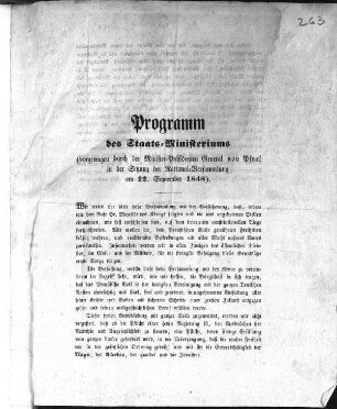 Programm des Staats-Ministeriums (vorgetragen durch den Minister-Präsidenten General v. Pfuel ...) (Sammlung Friedlaender)