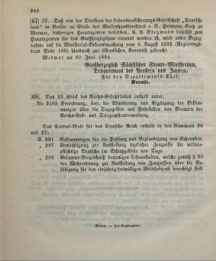68. Das 29. Stück des Reichs-Gesetzblattes enthält unter: ...