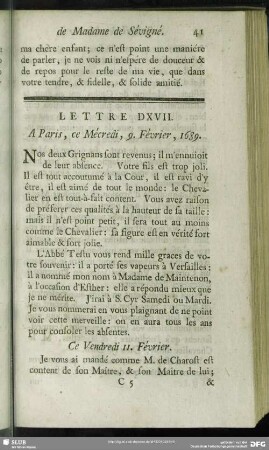 Lettre DXVII. A Paris, ce Mécredi, 9. Février, 1689