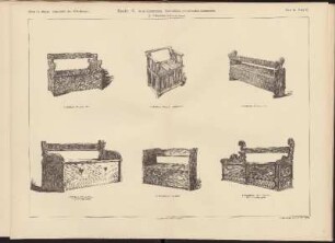 Bänke V. Brett-Construction. Truhenbänke mit schmalem Lehnenbrett.