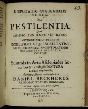 Disputatio Inauguralis Medica. De Pestilentia