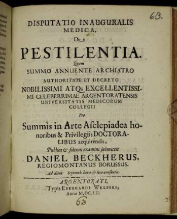 Disputatio Inauguralis Medica. De Pestilentia