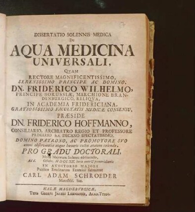 Dissertatio Solennis Medica De Aqua Medicina Universali