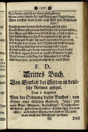Drittes Buch. Von Einfalt der Sitten in deutsche Reimen gesetzt.