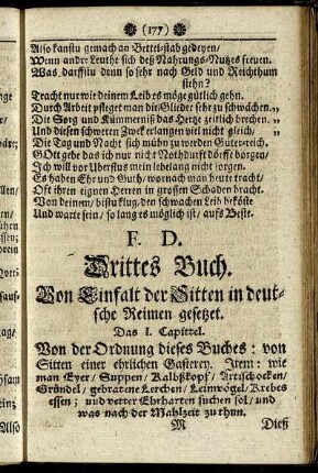 Drittes Buch. Von Einfalt der Sitten in deutsche Reimen gesetzt.