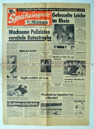 Titelseite der Spätausgabe der Tageszeitung "Der Mittag" zu einem durch die Wachsamkeit der Polizei verhinderten Verkehrsunglück in Rheinland-Pflaz