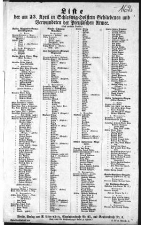 Liste der am 23. April in Schleswig=Holstein Gebliebenen und Verwundeten der Preußischen Armeee. (Sammlung Friedlaender)