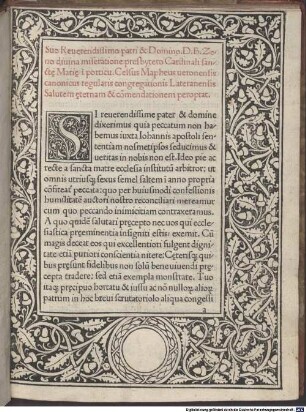 Monumentum compendiosum pro confessionibus cardinalium et praelatorum : mit Widmungsbrief an D. B. Zeno, Kardinalpresbyter von S. Maria in porticu