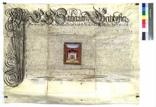 Zacharias Geizkofler verleiht als comes Palatinus der Gemeinde Haunsheim ein Ortswappen (farbige Darstellung)
