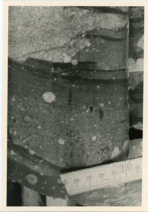 Bohrkern der Tiefenbohrung Freital (F 8 E), Teufe (Tiefe im Bergwerk) 217-217,20 m. Gebänderte Feinklastite. Diskordanz durch Rutschung. Nördlich von Bannewitz, alte Kiesgrube