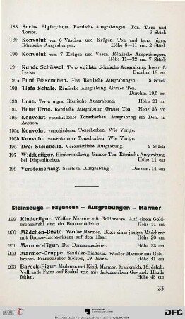 Steinzeuge – Fayencen – Ausgrabungen – Marmor (Nr. 199-277)