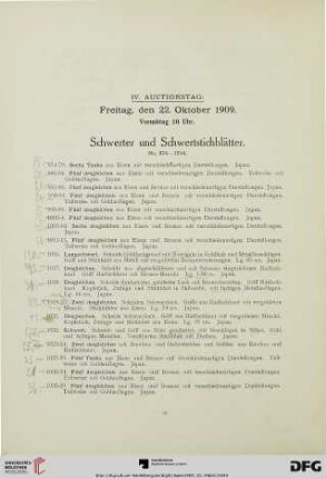 IV. Auctionstag Freitag, den 22. Oktober 1909, Vormittag 10 Uhr. Schwerter und Schwertstichblätter. (Nr. 974-1244)