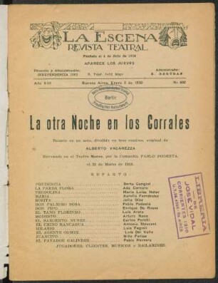 La otra noche en los corrales : sainete en un acto, dividido en tres cuadros