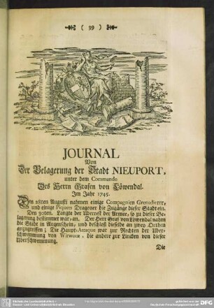 Journal Von Der Belagerung der Stadt Nieuport, unter dem Commando Des Herrn Grafen von Löwendal. Im Jahr 1745