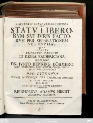 Dispvtatio Inavgvralis Ivridica De Statv Liberorvm Svi Ivris Factorvm Per Separationem Vel Nvptias