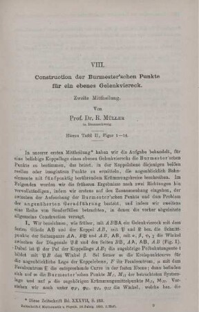 VIII. Construction der Burmester'schen Punkte für ein ebenes Gelenkviereck.
