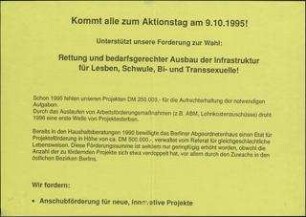 Kommt alle zum Aktionstag! Rettung ... der Infrastruktur für Lesben, Schwule, Bi- und Transsexuelle