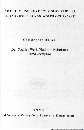 Der Tod im Werk Vladimir Nabokovs : terra incognita