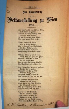 Zur Erinnerung an die Weltausstellung zu Wien 1873