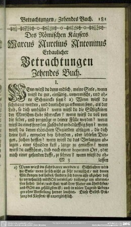 Des Römischen Käysers Marcus Aurelius Antoninus Erbaulicher Betrachtungen Zehendes Buch