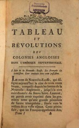 Tableau et Révolutions des Colonies Angloises dans l'Amérique septentrionale, 1