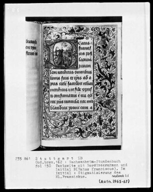 Lateinisches Stundenbuch (Sachsenheim-Gebetbuch) — Textseite mit historisierter Initiale und Drolerien, Folio 150recto