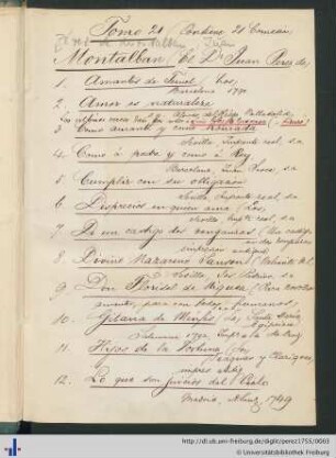 Handschriftliches Inhaltverzeichnis des Bandes
