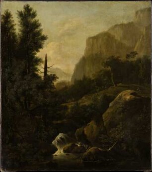 Gebirgslandschaft mit einer Hirschjagd bei einem Wasserfall