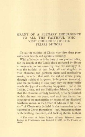 Grant of a plenary indulgence to all the faithful who visit churches of the Friars Minors