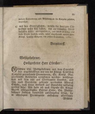 Wohlgebohrner, Hochgeehrter Herr Obrister!