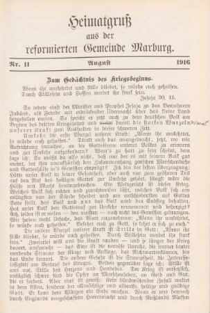 11.1916: Heimatgruß aus der reformierten Gemeinde Marburg