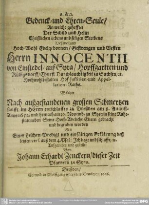 Gedenck- und Ehren-Seule, An welche gehefftet der Schild ... deß Innocentii von Einsiedel auf Syra ...