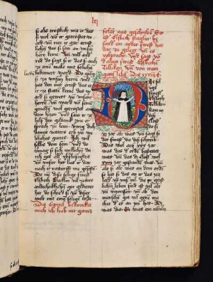 Historisierte Initiale: Elsbeth Tellikon, stehend mit ausgebreiteten Armen